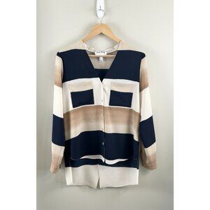 Joseph Ribkoff Women’s Blouse Stripe Navy Beige White Shirt Split Open Back Sz 8